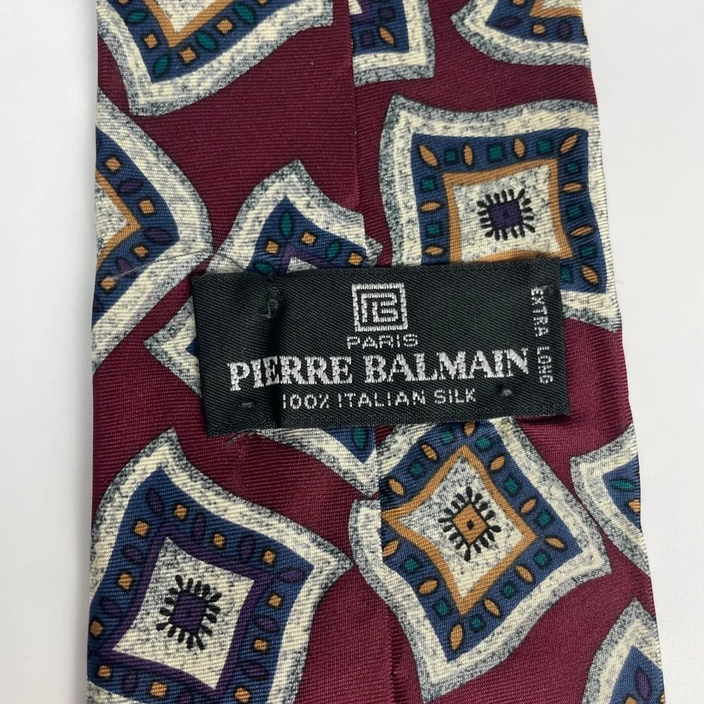 Pierre Balmain Tie Silk Men‎ Extra Long Tie Burgundy Geometric Abstract Italy